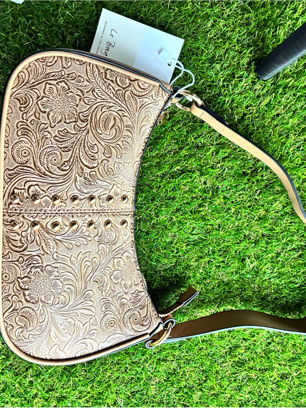 Embossed Floral Leather Shoulder Bag in Nude